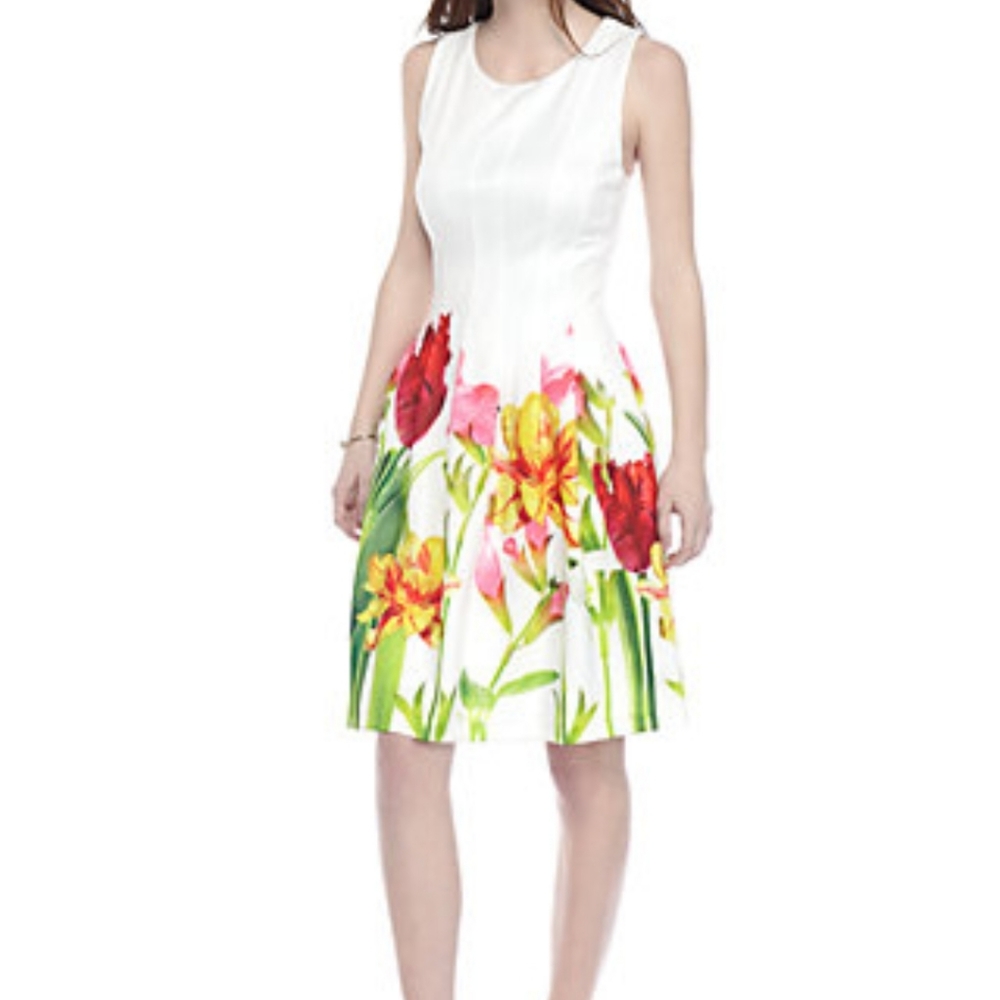 Calvin Klein White Floral Fit-and-Flare Dress with Red, Yellow and Green Print
